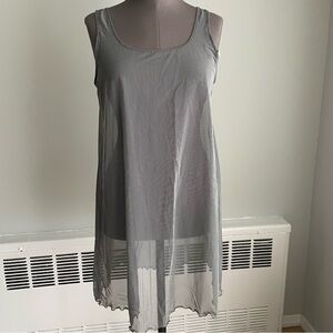 Sheer gray striped tank dress swimsuit coverup with lettuce hem